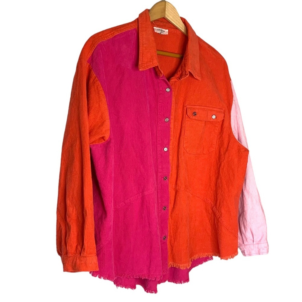 UMGEE Size L Colorblock Pink‎ Orange Corduroy Shacket Shirt Jacket - Picture 6 of 12